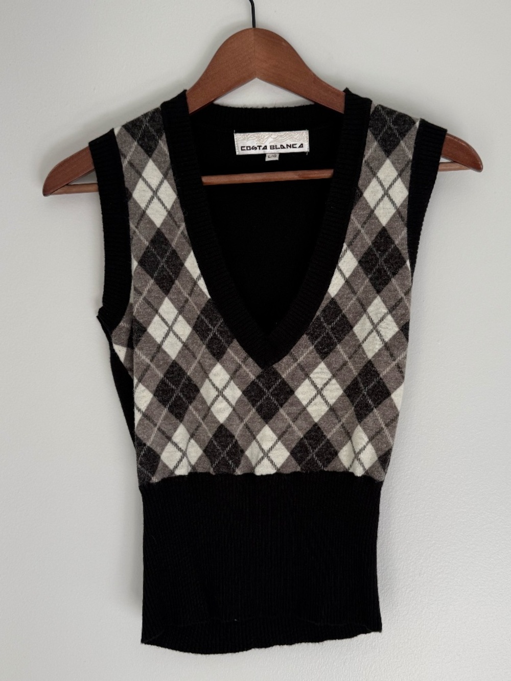 Costa Blanca Vneck Plaid Vest | Y2K Vintage Dark Academia | Black & White